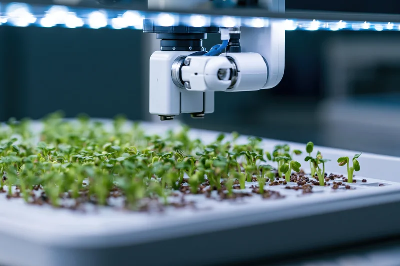 Robotic arm scanning seedlings in a hydroponic tray under led lighting