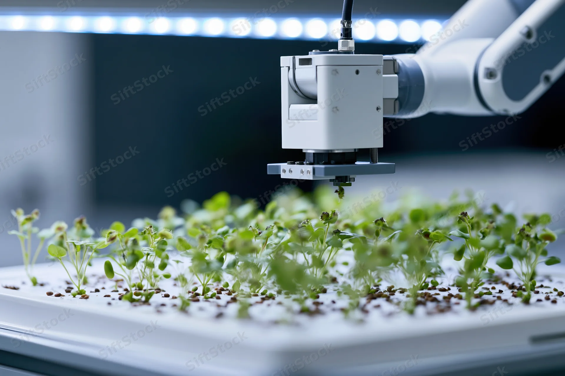 Robotic arm scanning seedlings in a controlled indoor farming environment