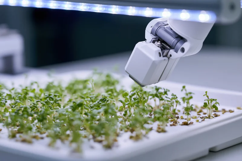 Robotic arm scanning seedlings in a hydroponic tray under led light