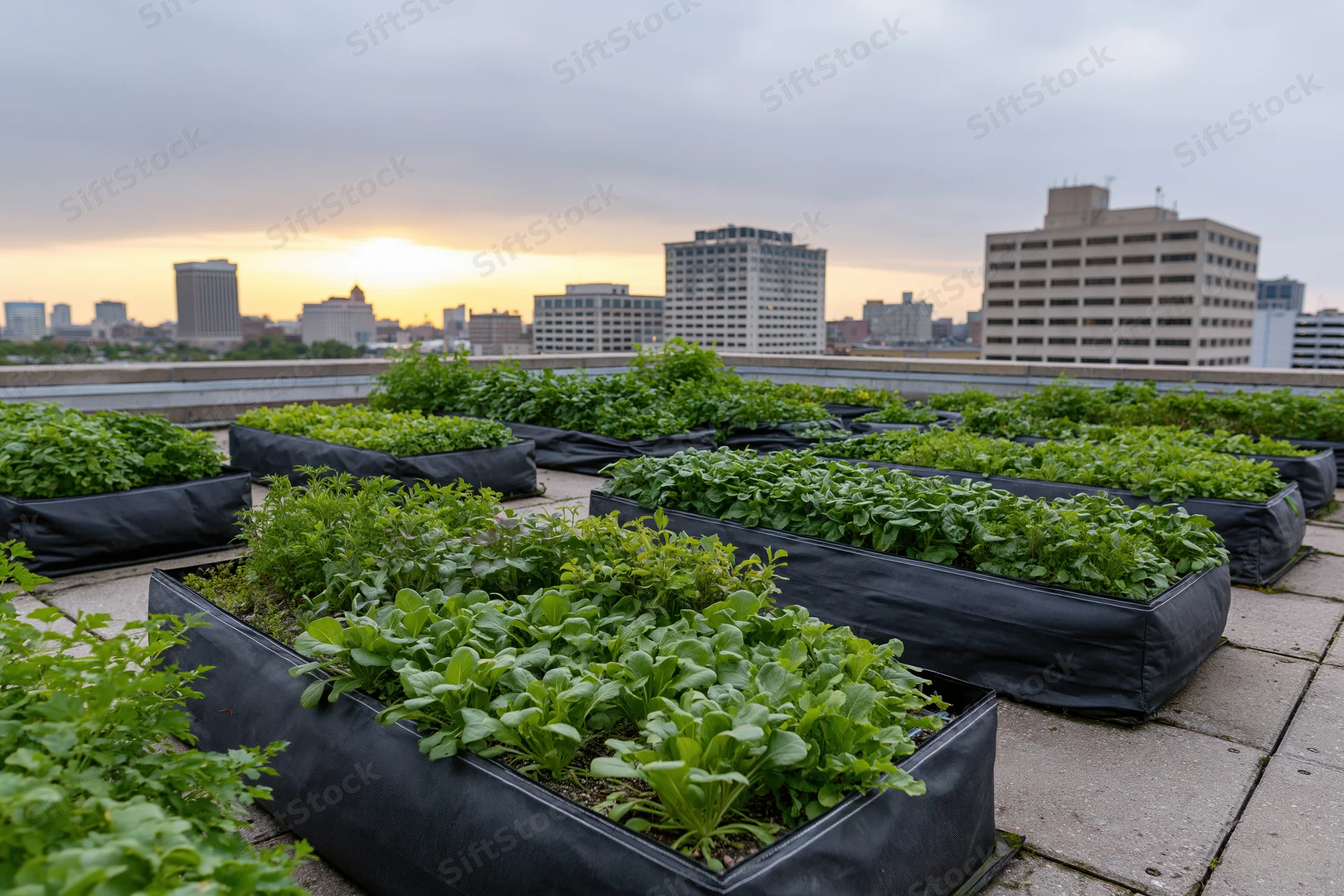 Rows of leafy greens growing in black fabric planters on a rooftop urban garden with city skyline at sunset