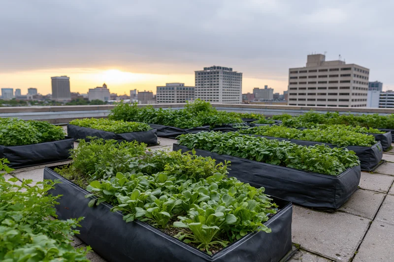 Rows of leafy greens growing in black fabric planters on a rooftop urban garden with city skyline at sunset