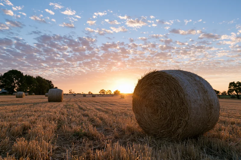Round hay bales scattered across a harvested wheat field at sunset