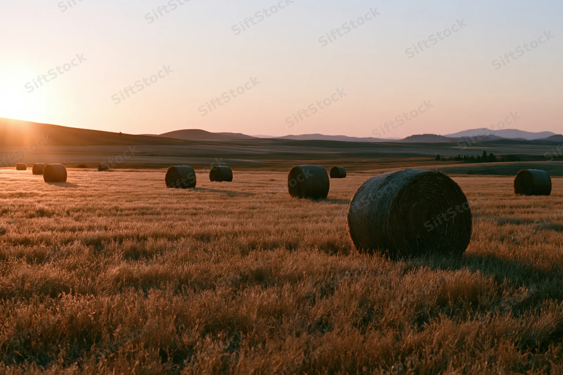 Round hay bales scattered across a harvested field at golden hour during sunset