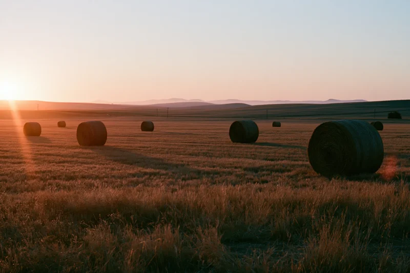 Round hay bales scattered across a harvested field at golden hour