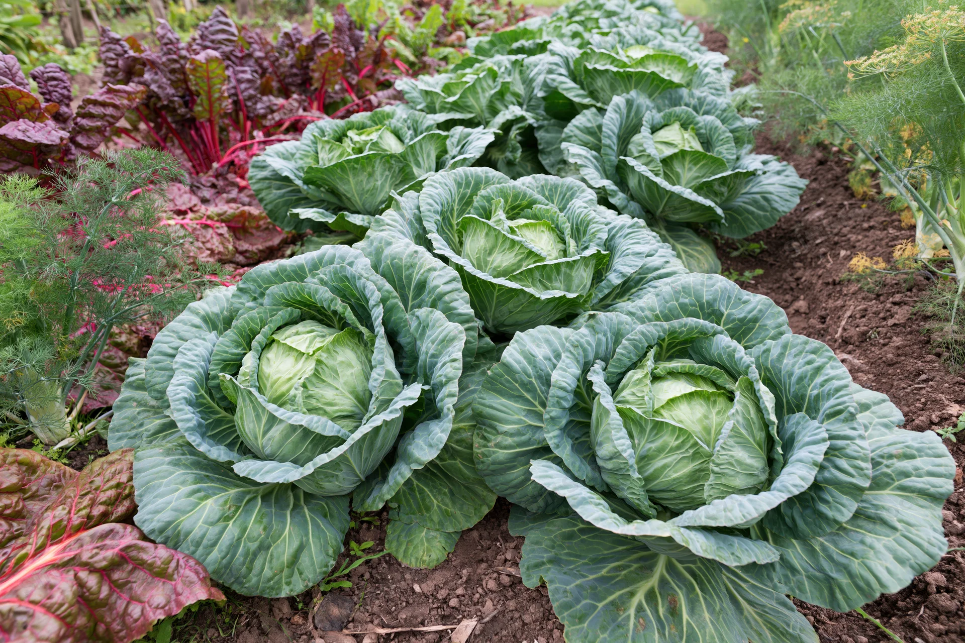 Row of mature cabbage heads growing in a kitchen garden