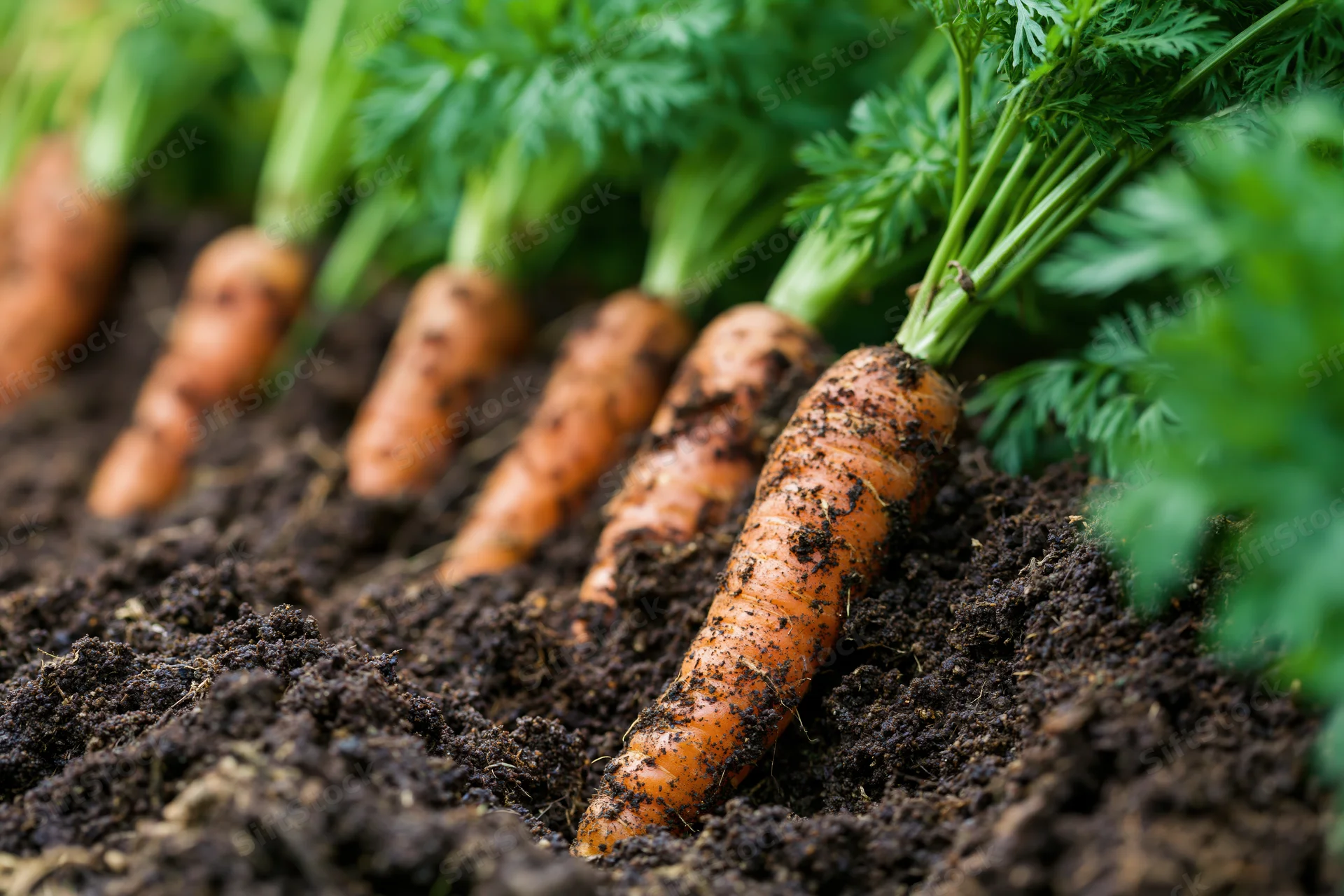 Row of orange carrots partially emerged from dark garden soil