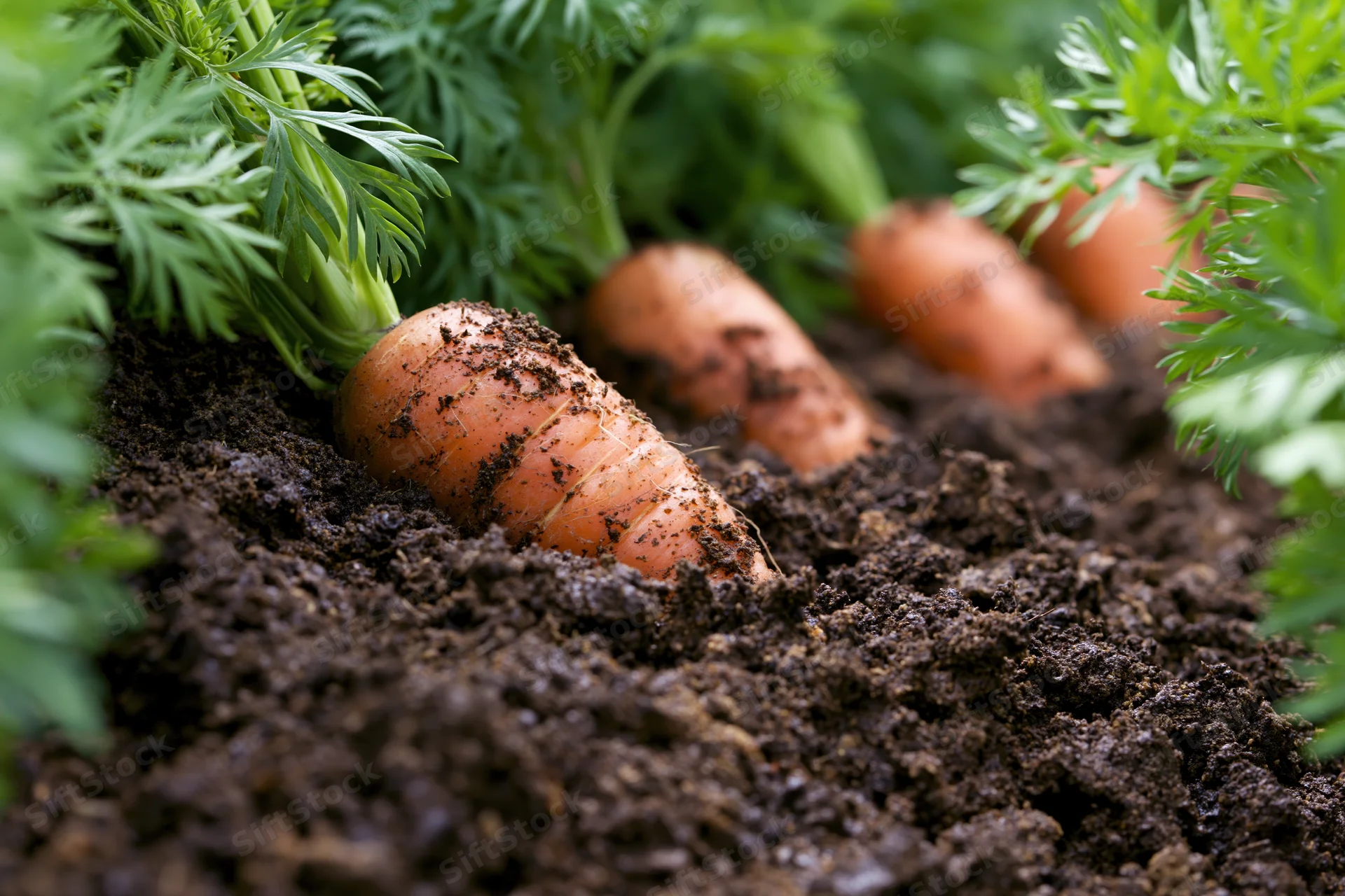 Row of orange carrots partially emerged from dark garden soil