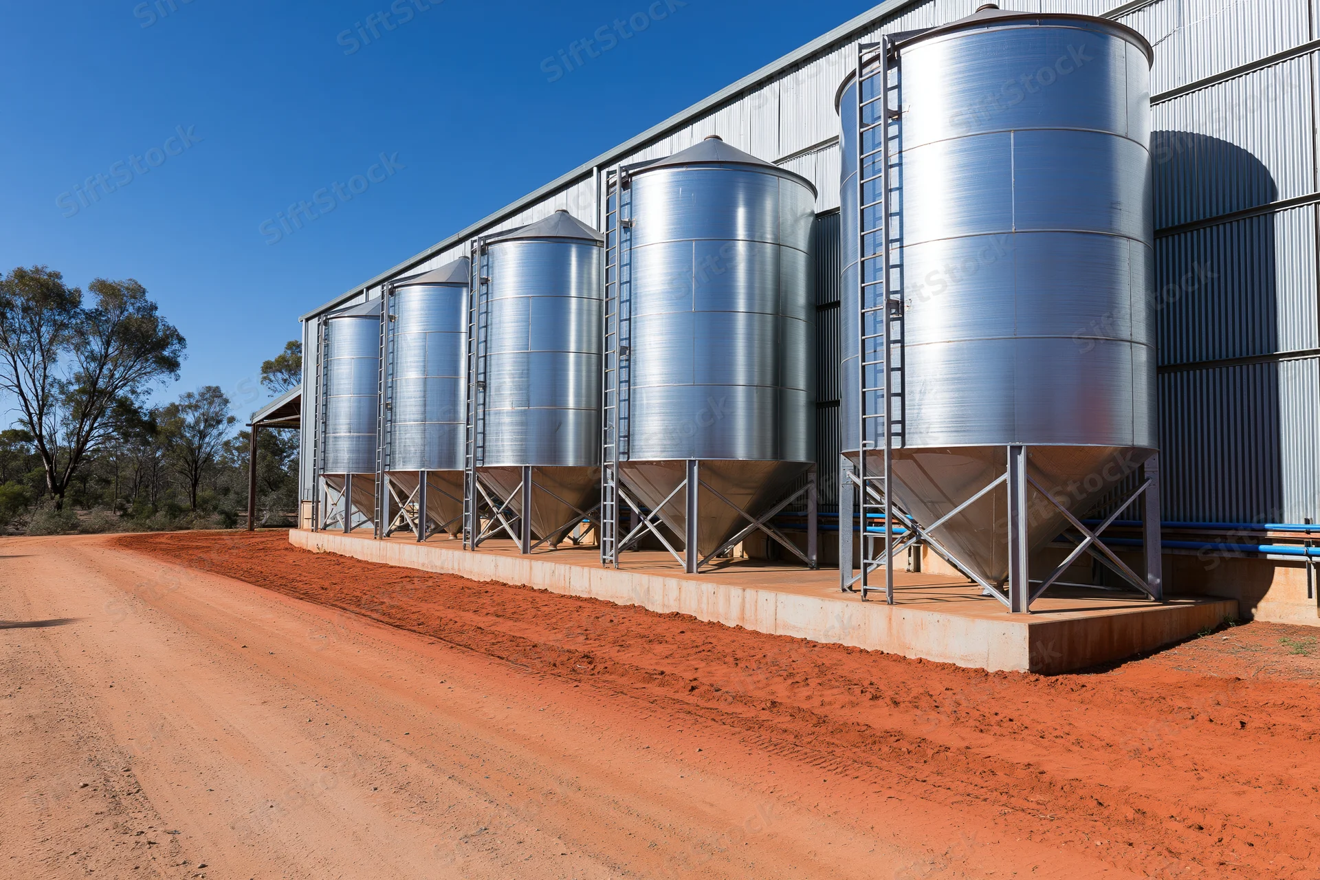Row of galvanized steel grain silos with conical bases aligned along a farm building on red dirt ground