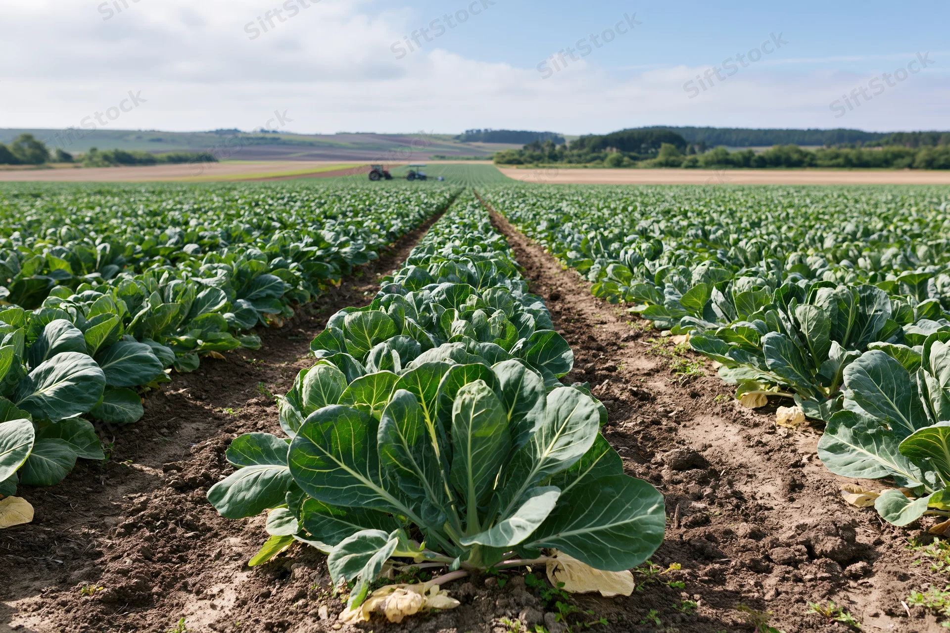 Rows of brussels sprout plants growing in a large agricultural field under a partly cloudy sky