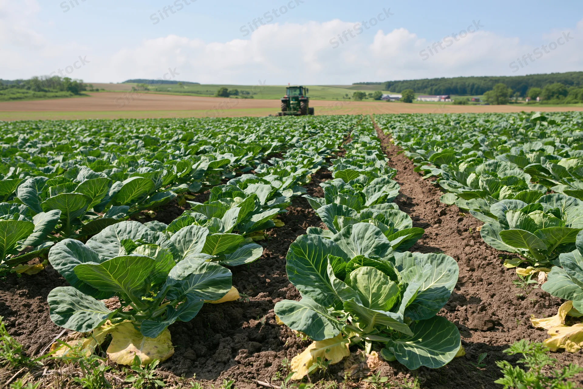 Rows of brussels sprout plants growing in a large agricultural field with a tractor in the distance