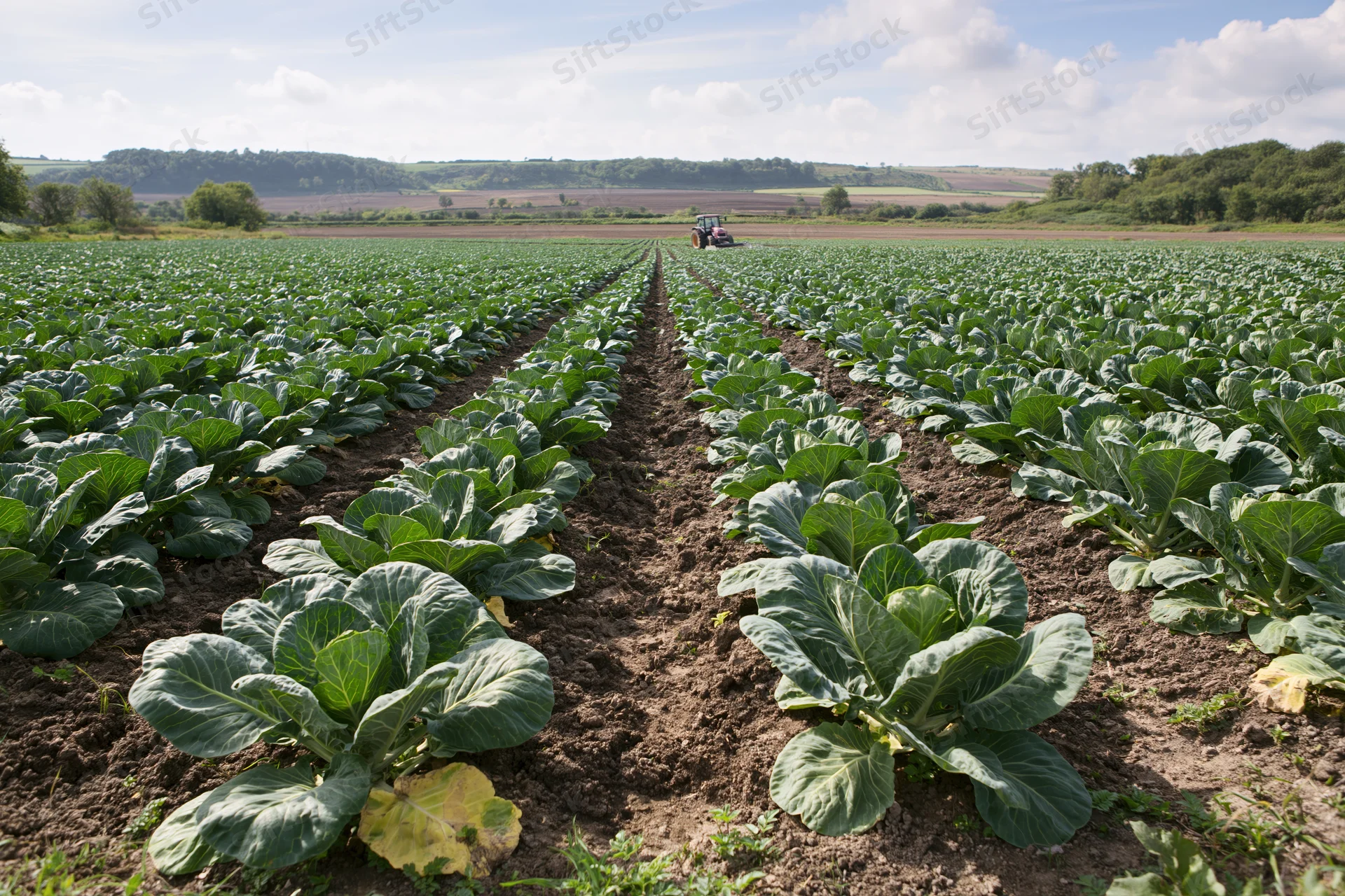 Rows of brussels sprout plants growing in a large agricultural field under a partly cloudy sky with a tractor in the distance
