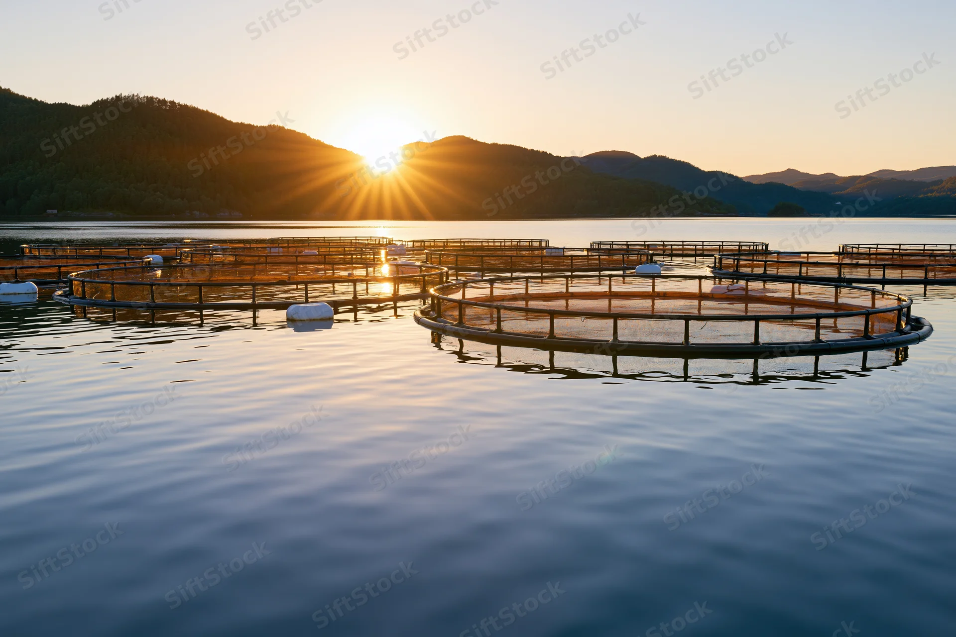 Circular aquaculture fish farm cages floating on calm water at sunset near forested mountains