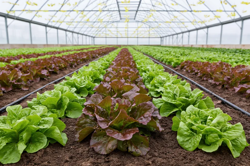 Rows of green and red leaf lettuce growing in dark soil beds inside a greenhouse