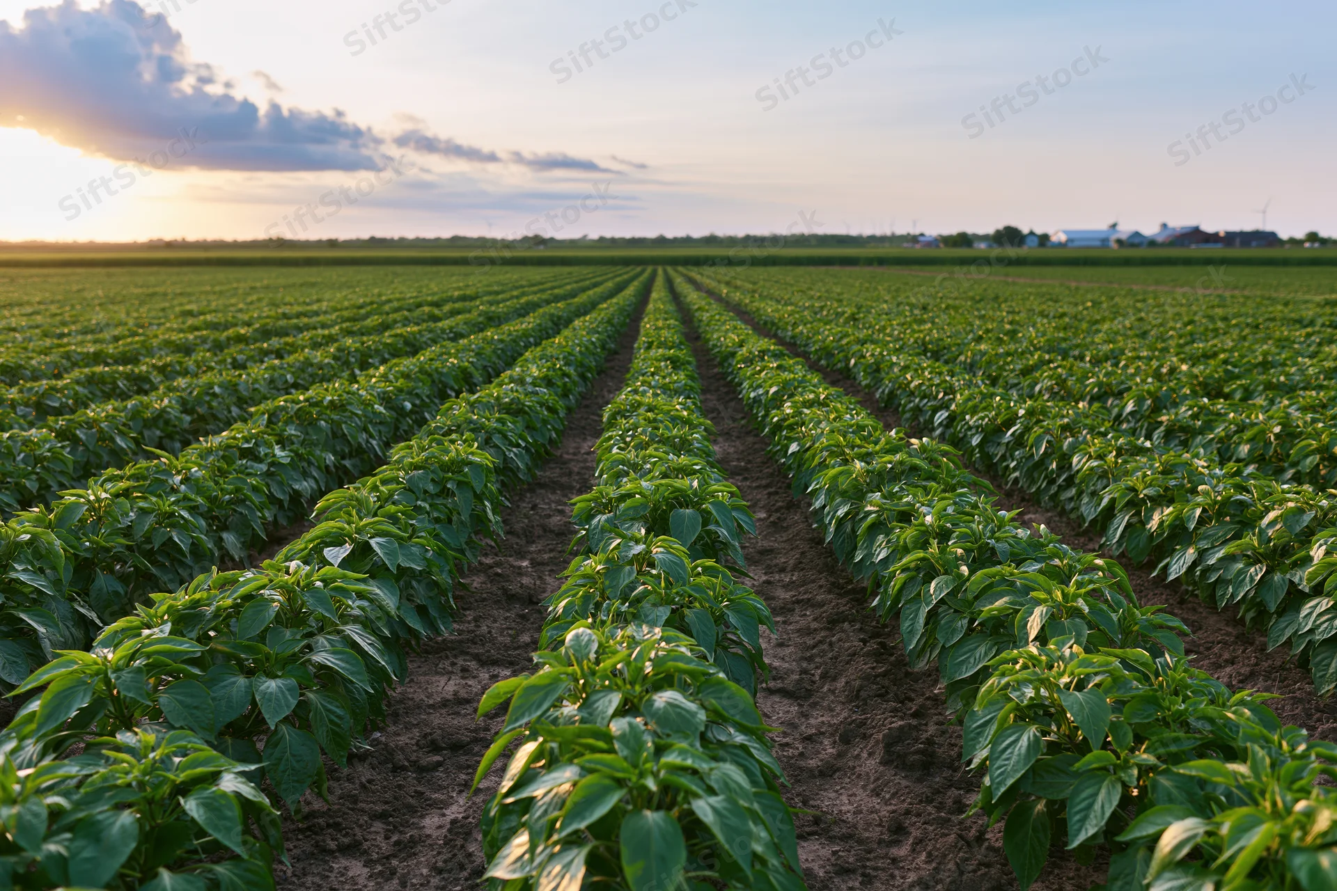 Rows of green pepper plants growing in neat lines across a flat agricultural field at sunset
