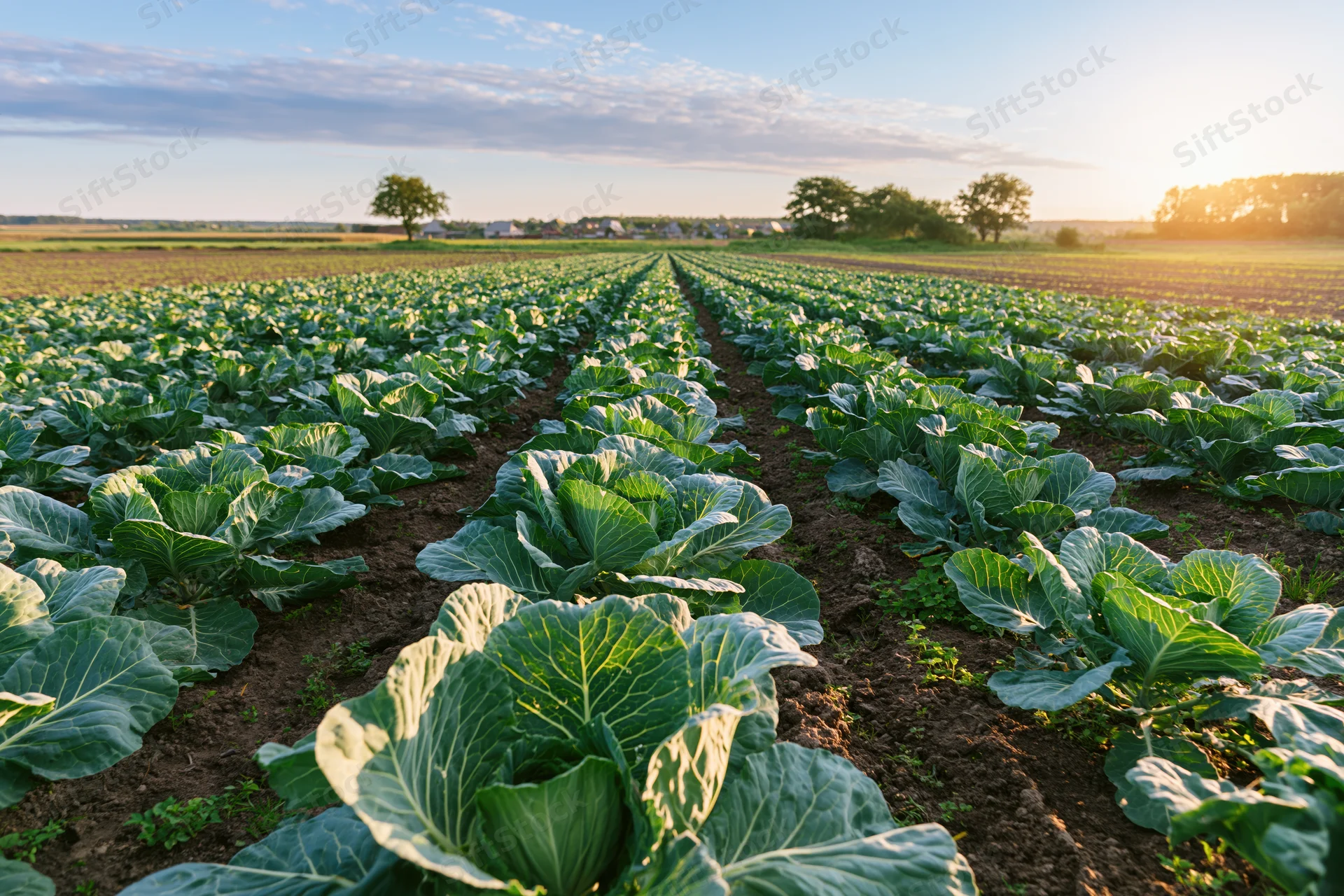Rows of leafy cabbage plants growing in a field at sunset