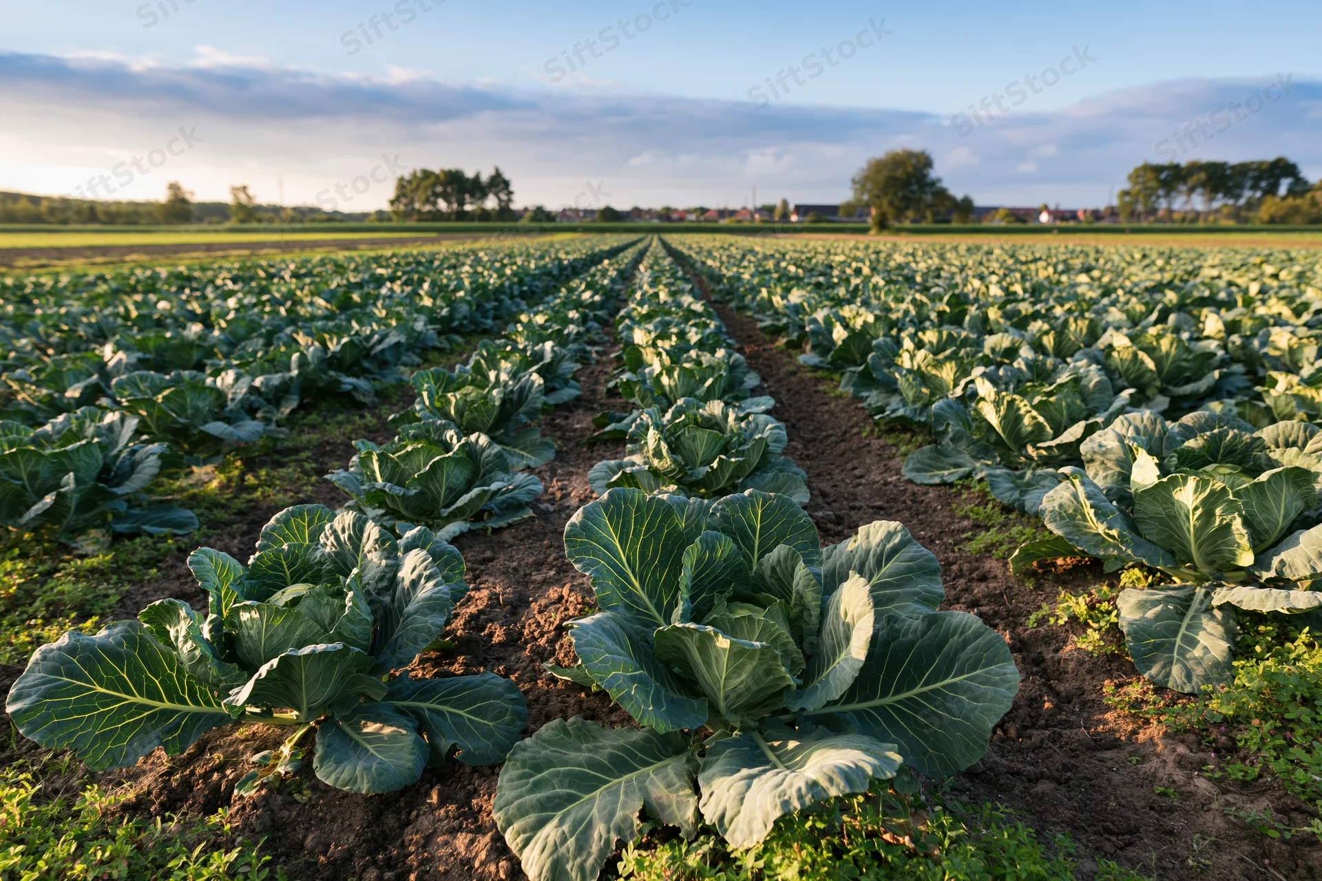 Rows of cabbage plants growing in a field under a partly cloudy sky