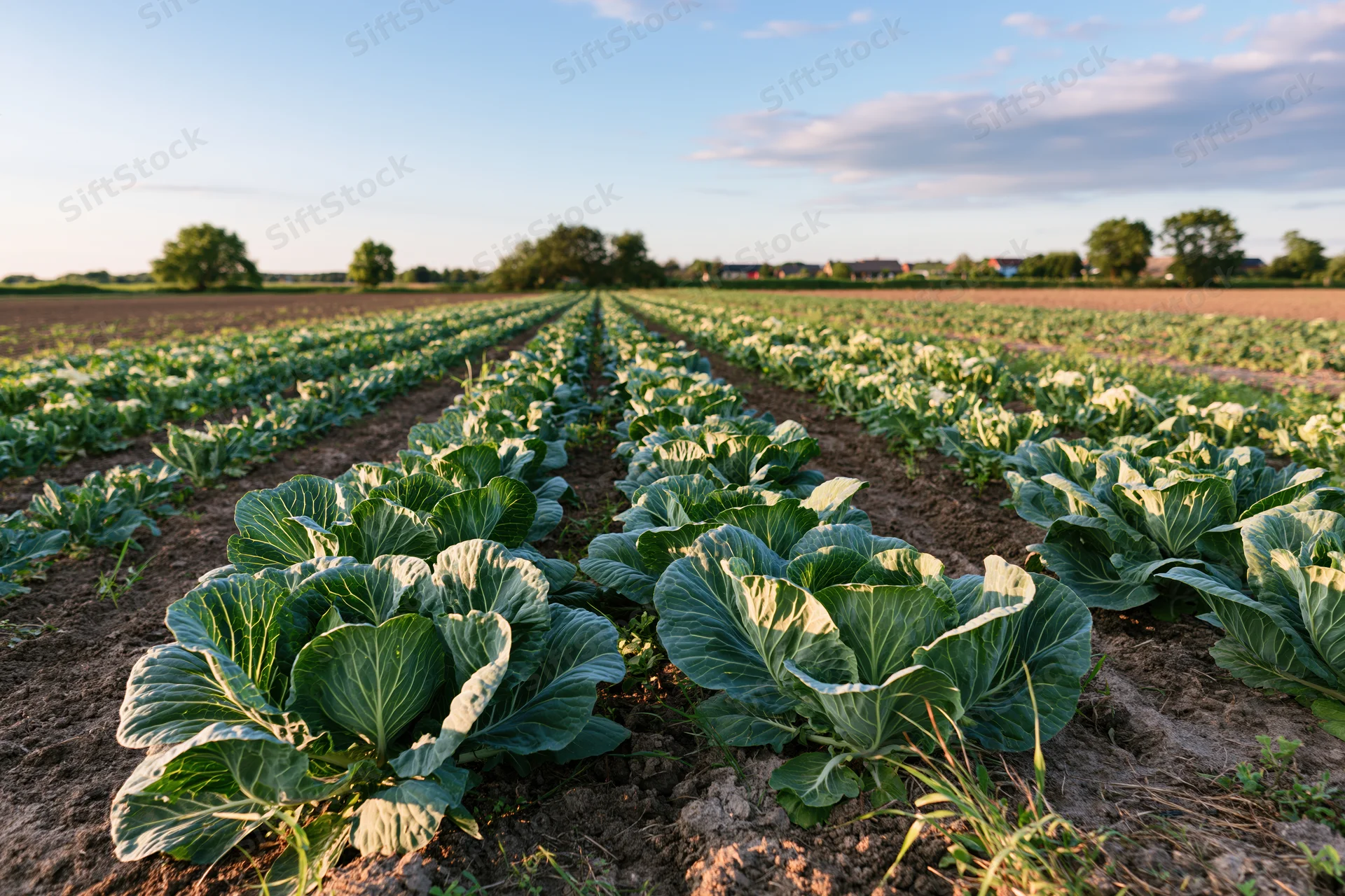 Rows of cabbage plants growing in a field under a clear sky at golden hour
