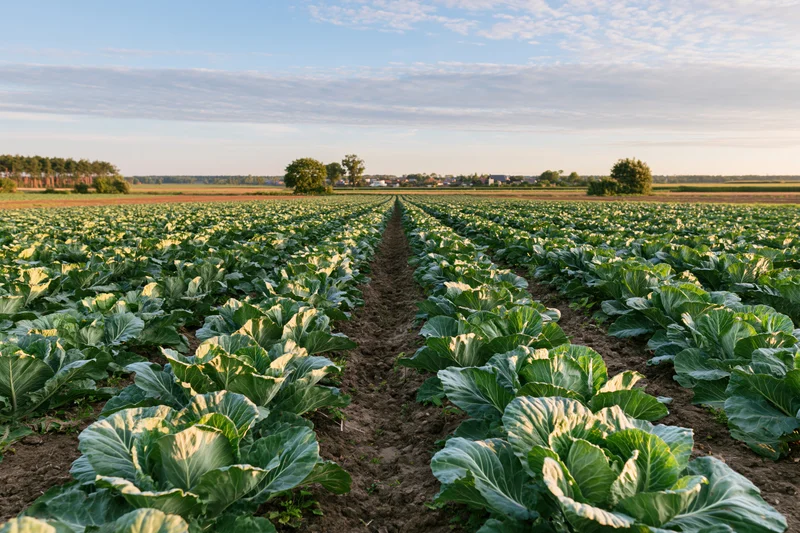 Rows of leafy cabbage plants growing in a field under a partly cloudy sky