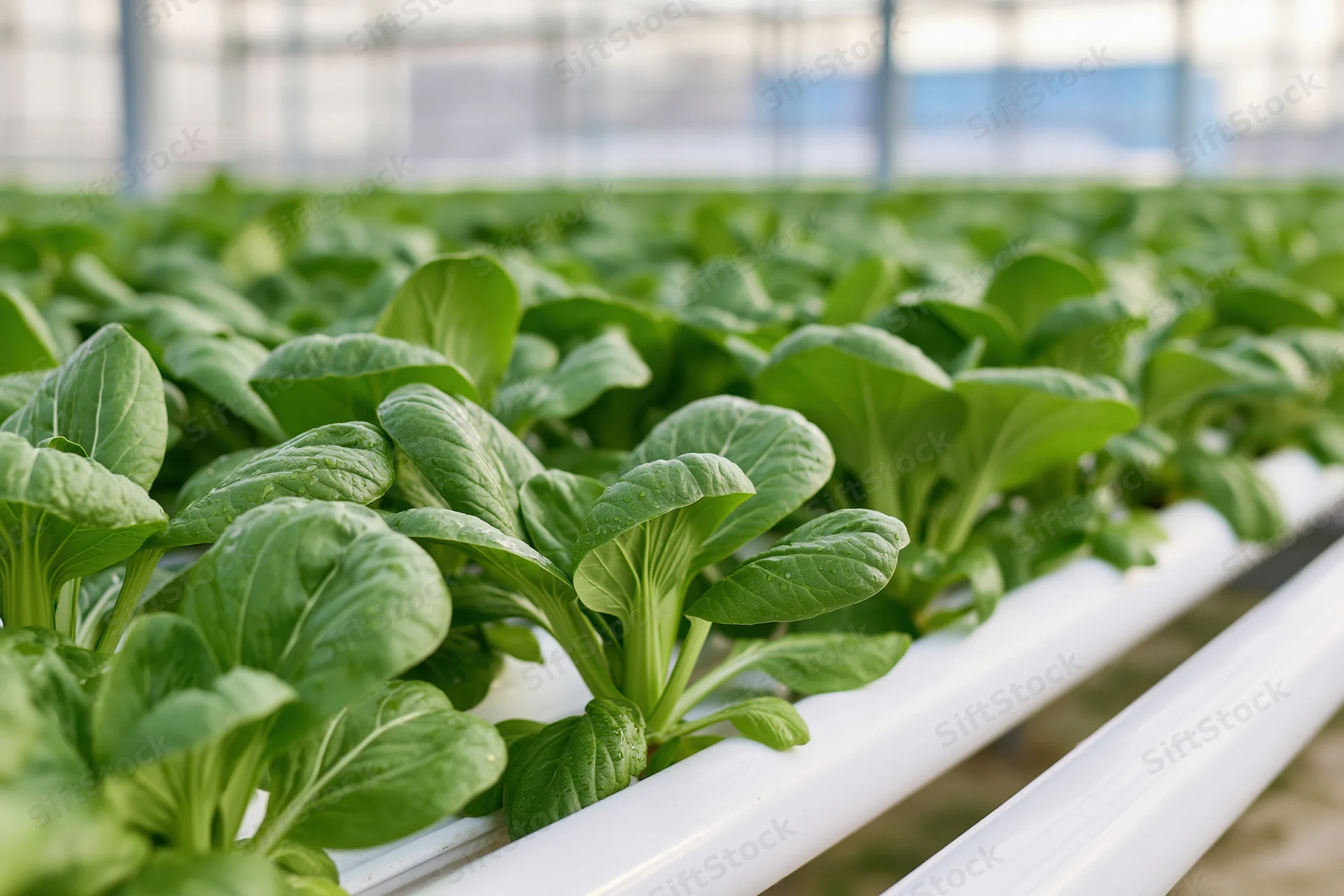 Rows of bok choy growing in white pvc hydroponic pipes inside a greenhouse