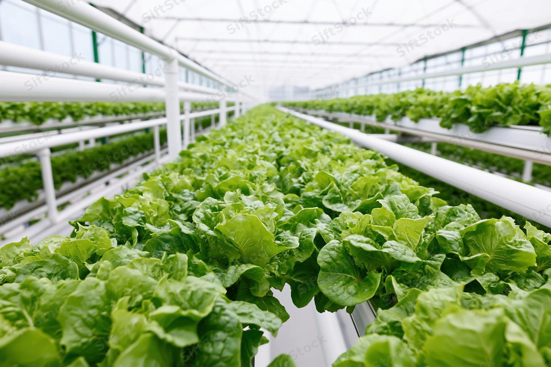 Rows of leafy green lettuce growing in tiered hydroponic racks inside a greenhouse