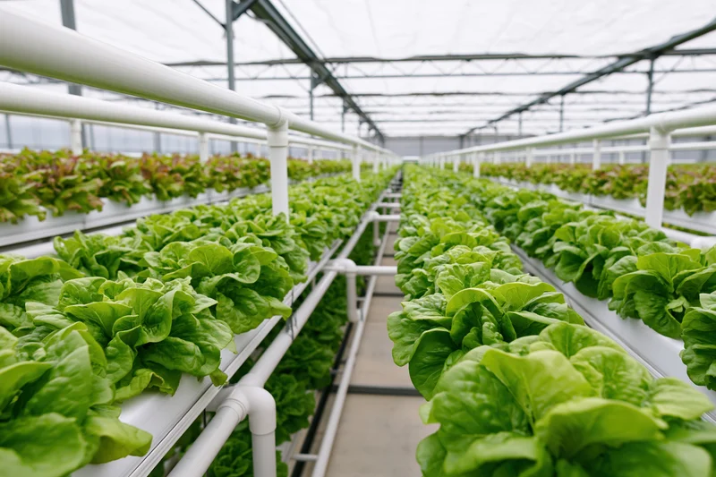 Rows of leafy green lettuce growing in tiered hydroponic racks inside a greenhouse