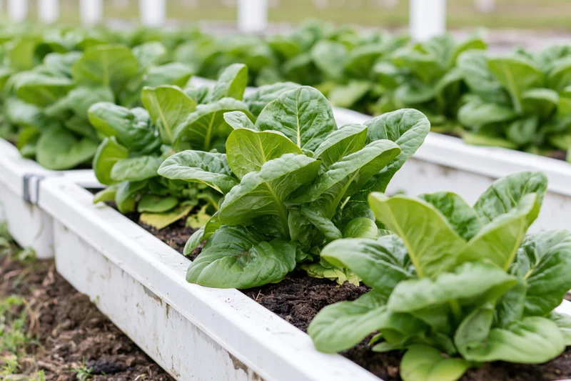 Rows of leafy green lettuce growing in white raised garden beds outdoors