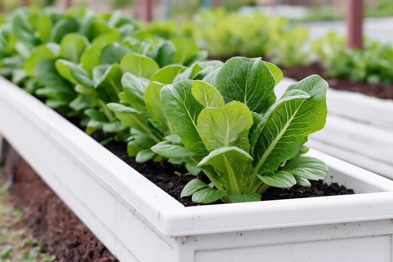 Rows of leafy green lettuce and bok choy growing in white plastic raised garden beds filled with dark soil