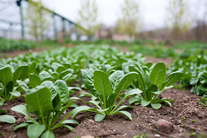Rows of leafy green vegetable seedlings growing in soil in a garden field