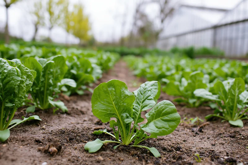 Rows of lettuce seedlings growing in soil in a garden field