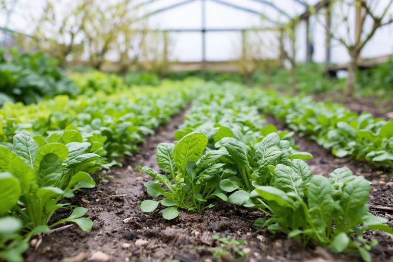 Rows of leafy green vegetable seedlings growing in soil inside a greenhouse garden