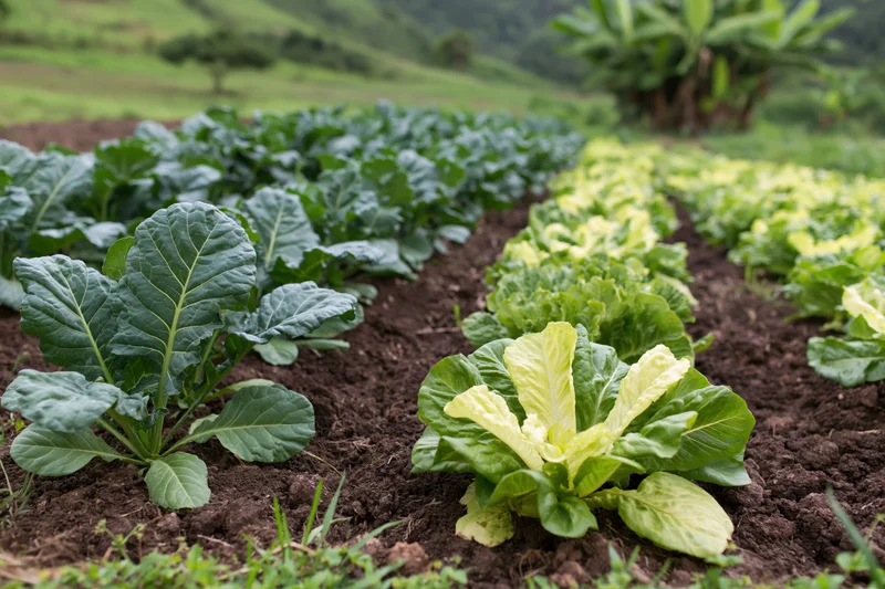 Rows of collard greens and lettuce growing in a garden field with rich soil and green hills in the background