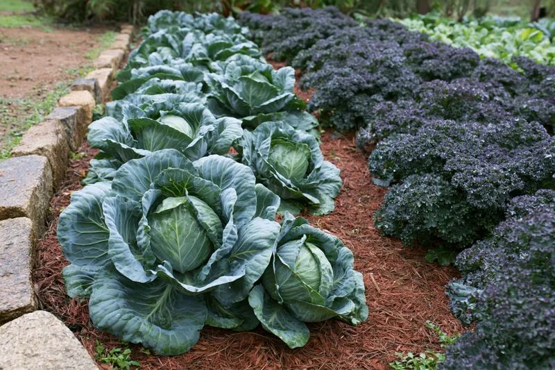 Rows of mature cabbage heads and dark leafy kale growing in a garden bed bordered by stones with mulch covering the soil