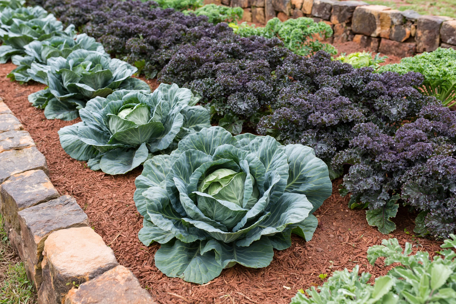 Rows of mature cabbage and dark leafy kale growing in a raised garden bed bordered by stone and mulch