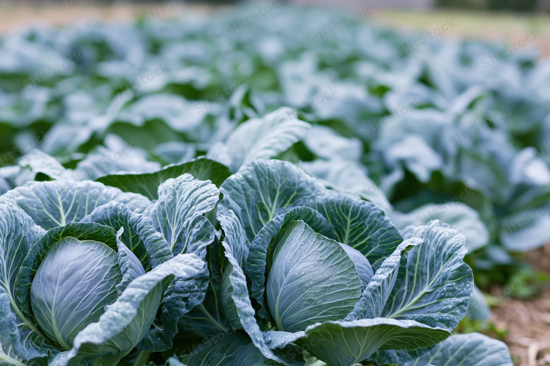 Rows of mature cabbage heads growing in an open field densely
