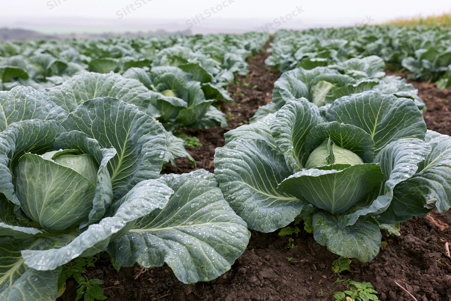 Rows of mature cabbage heads growing in dark tilled soil