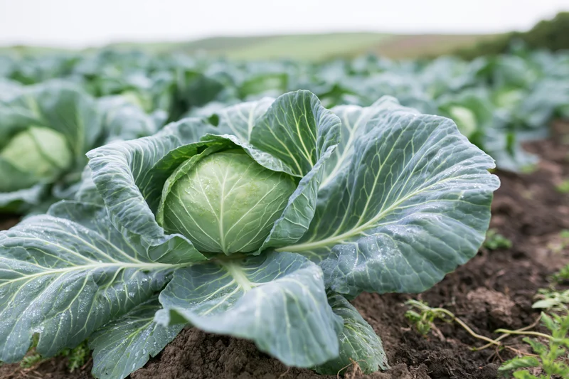 Mature cabbage heads growing in rows on dark tilled soil in a field