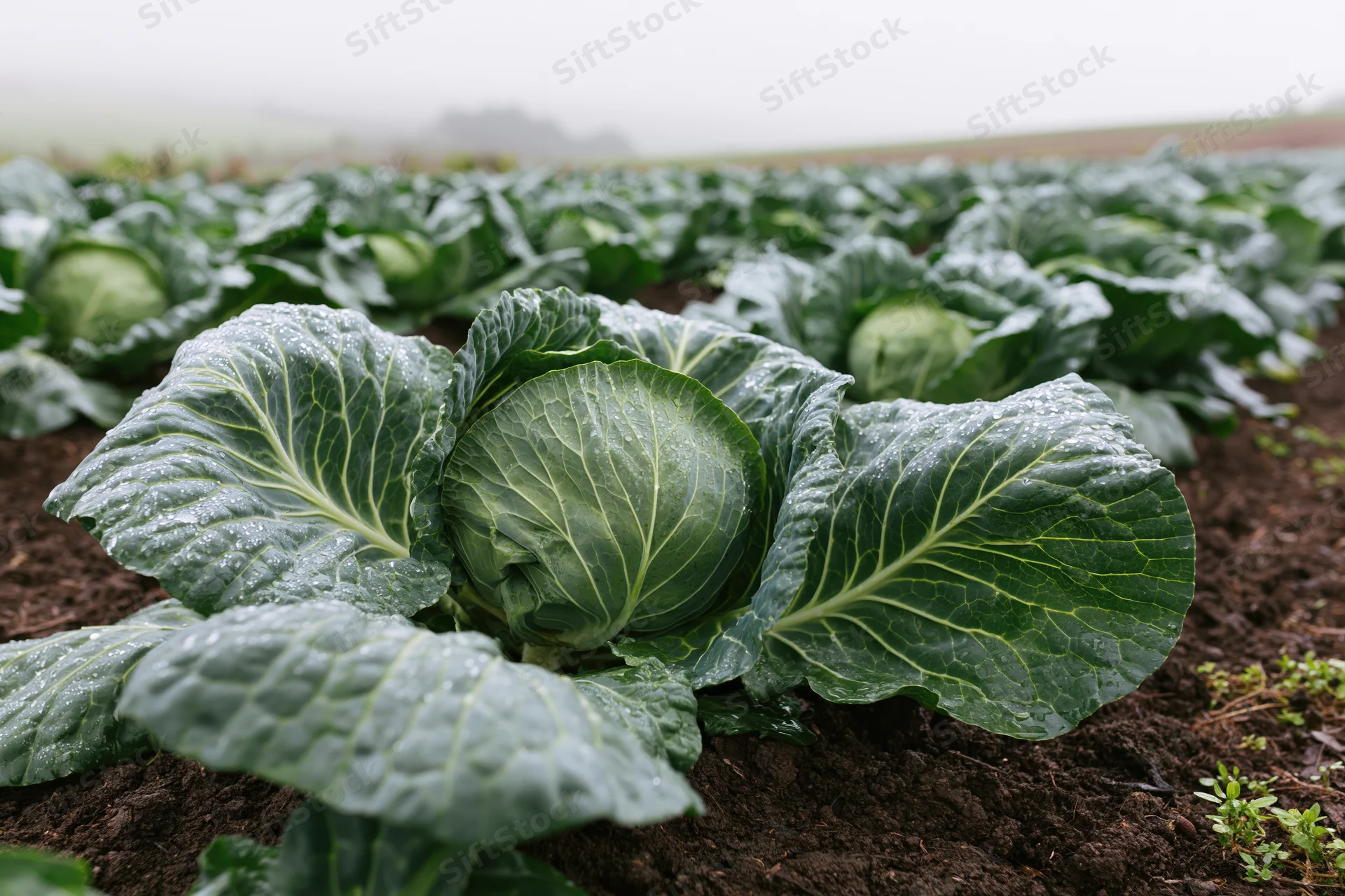 Rows of mature cabbage heads growing in dark tilled soil