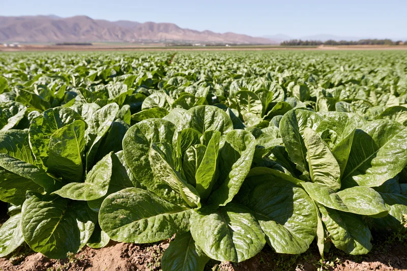 Rows of romaine lettuce growing in an agricultural field with mountains in the background