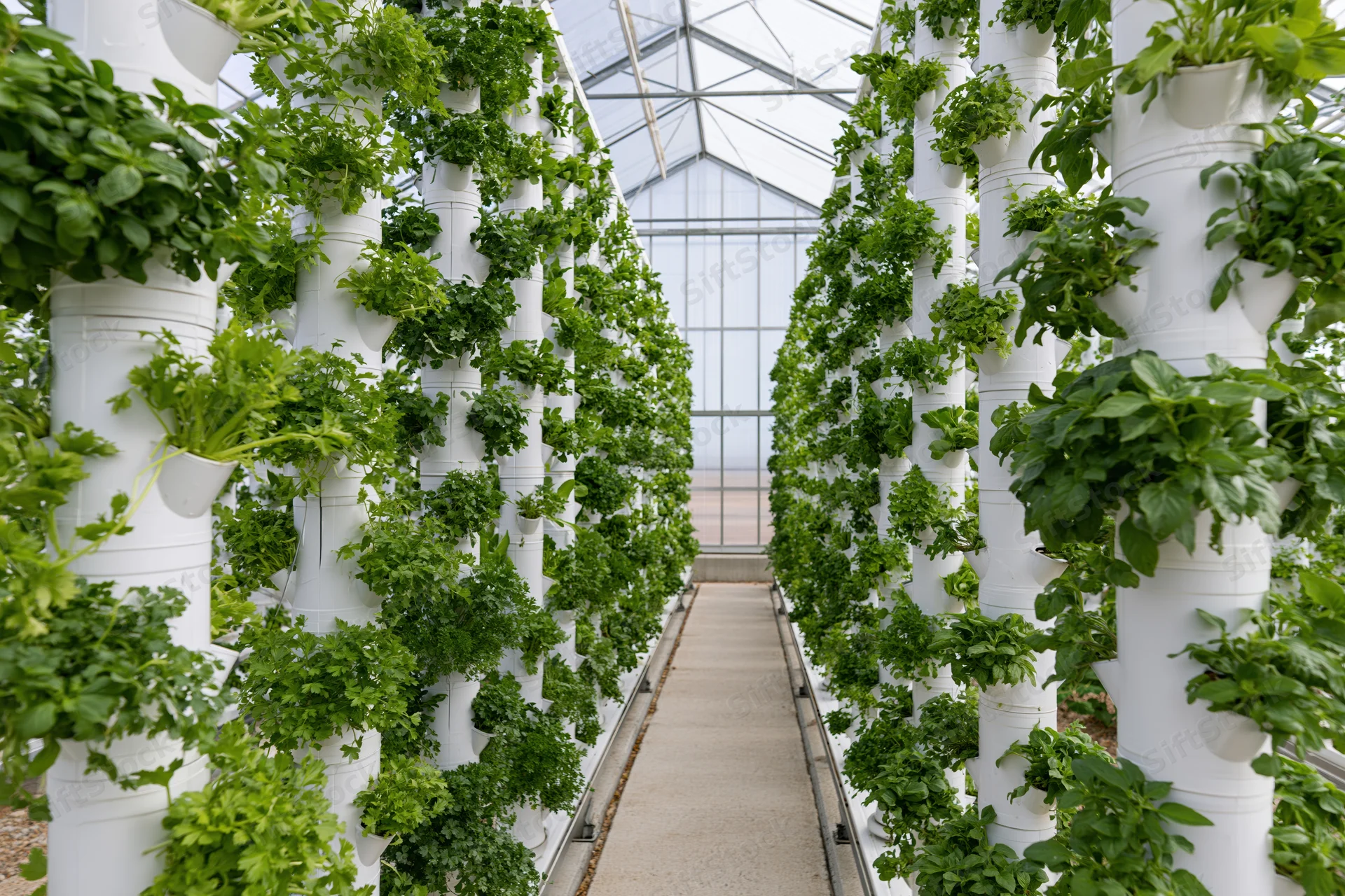 Vertical hydroponic towers growing leafy plants in a greenhouse pathway