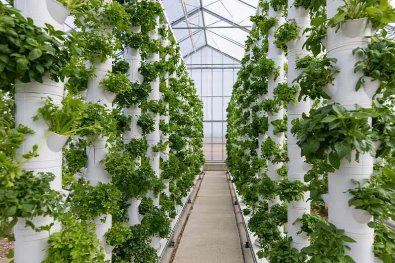 Vertical hydroponic towers growing leafy plants in a greenhouse pathway