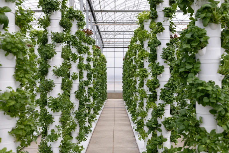 Rows of white vertical hydroponic towers growing leafy plants in a greenhouse