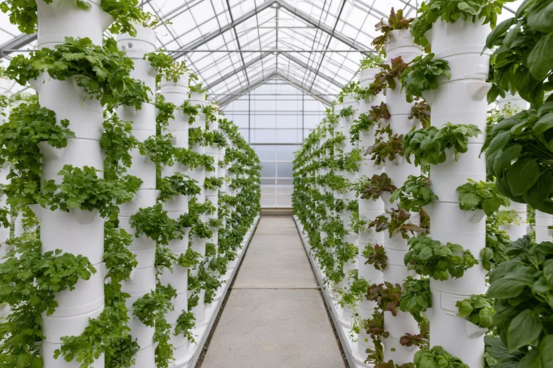 Rows of white vertical hydroponic towers growing greens