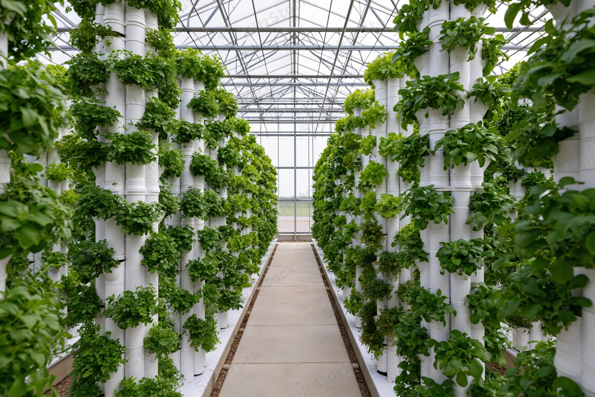 Vertical hydroponic towers growing leafy plants in a greenhouse greenhouse