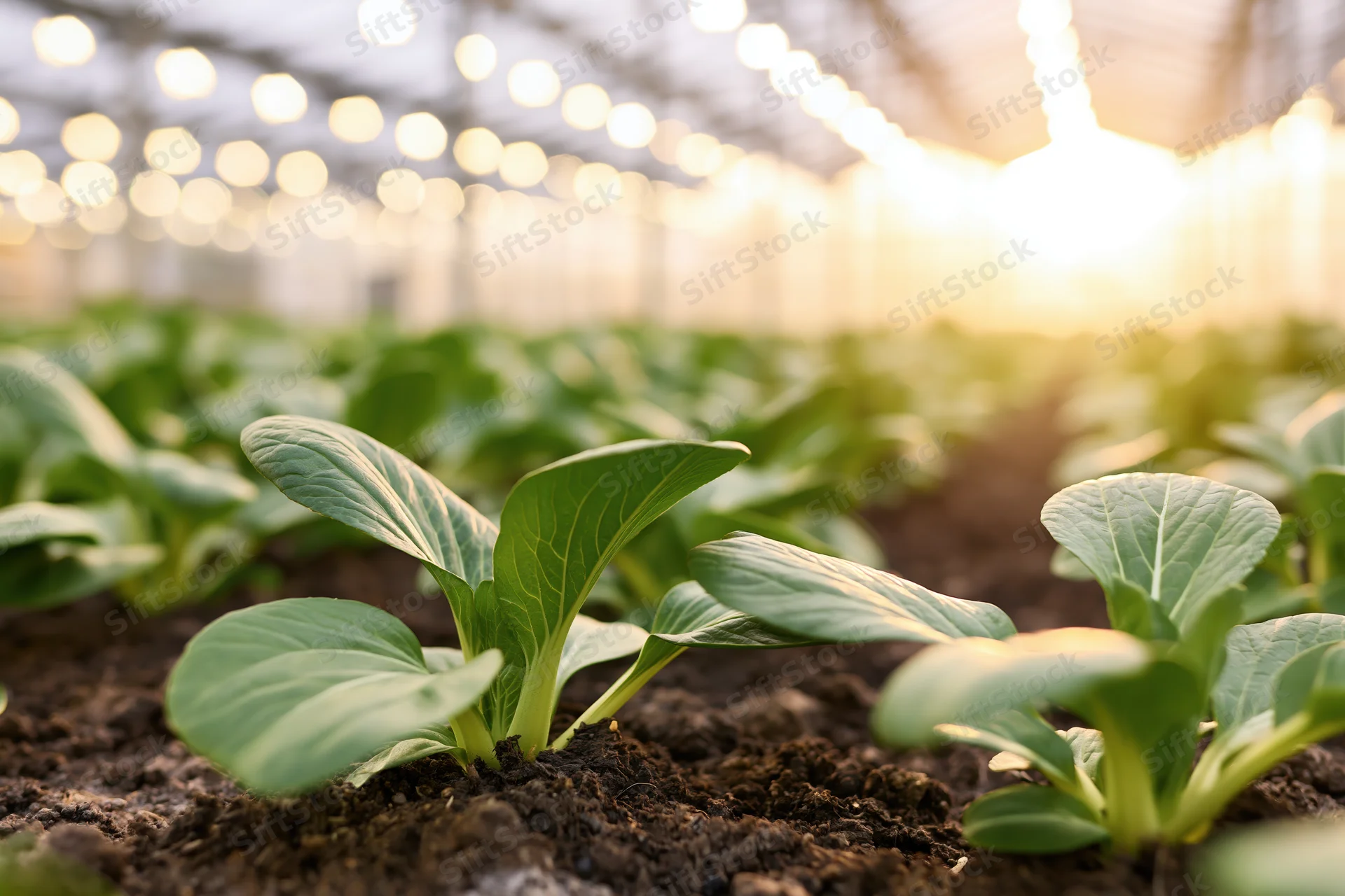 Young bok choy seedlings growing in rows in dark soil inside a greenhouse