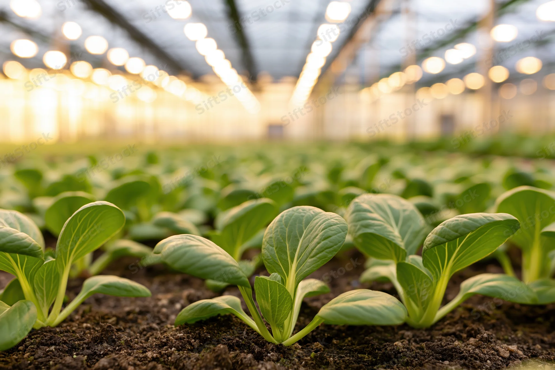 Young bok choy seedlings growing in rows in dark soil inside a greenhouse