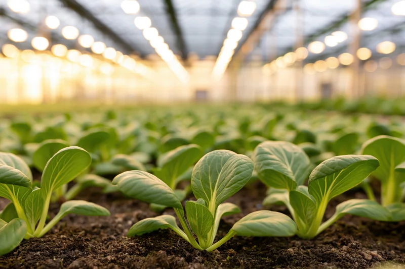 Young bok choy seedlings growing in rows in dark soil inside a greenhouse