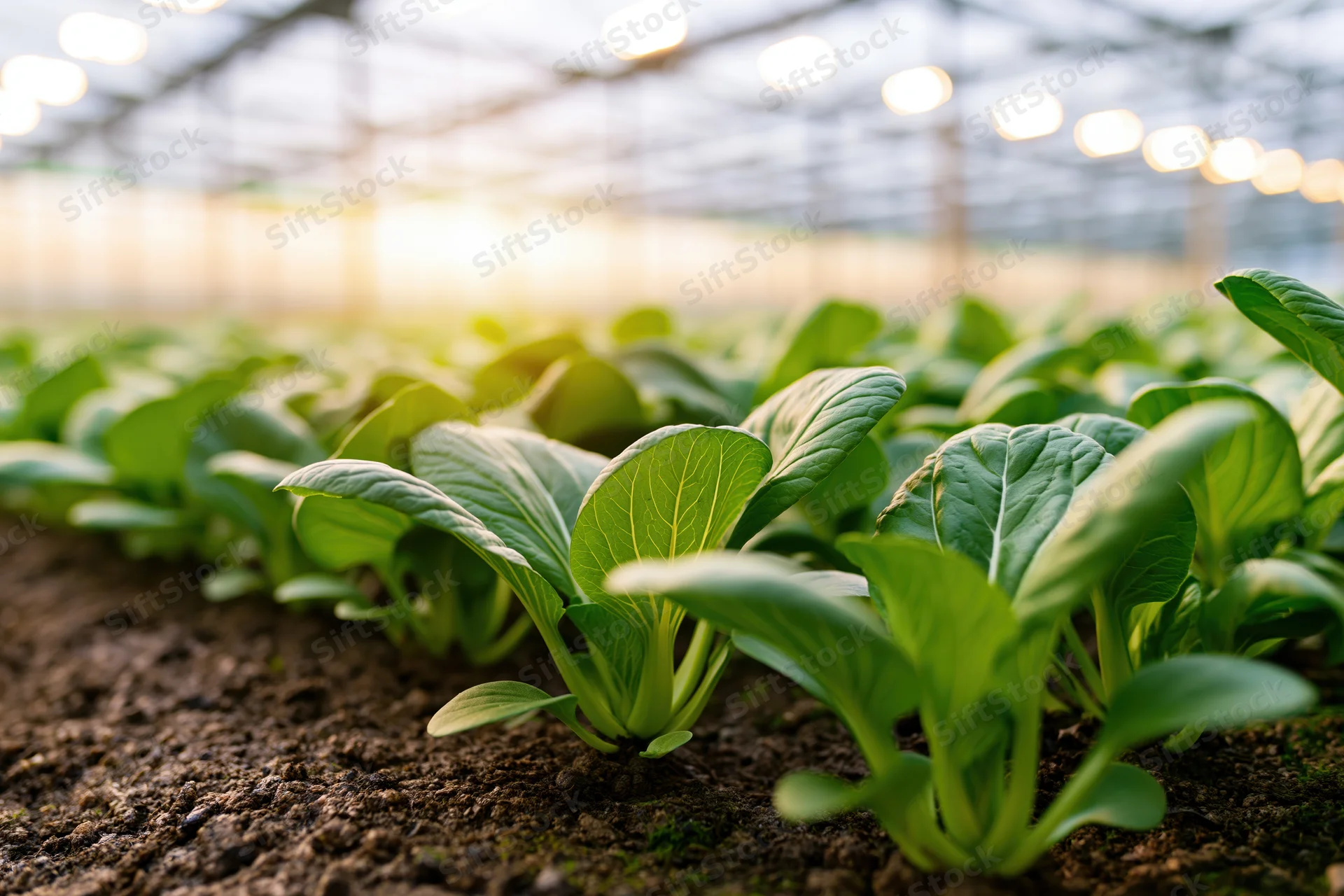 Rows of young bok choy seedlings growing in dark soil inside a greenhouse