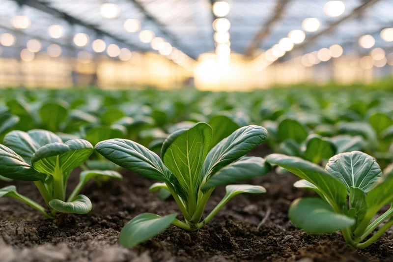 Young bok choy seedlings growing in rows in dark soil inside a greenhouse
