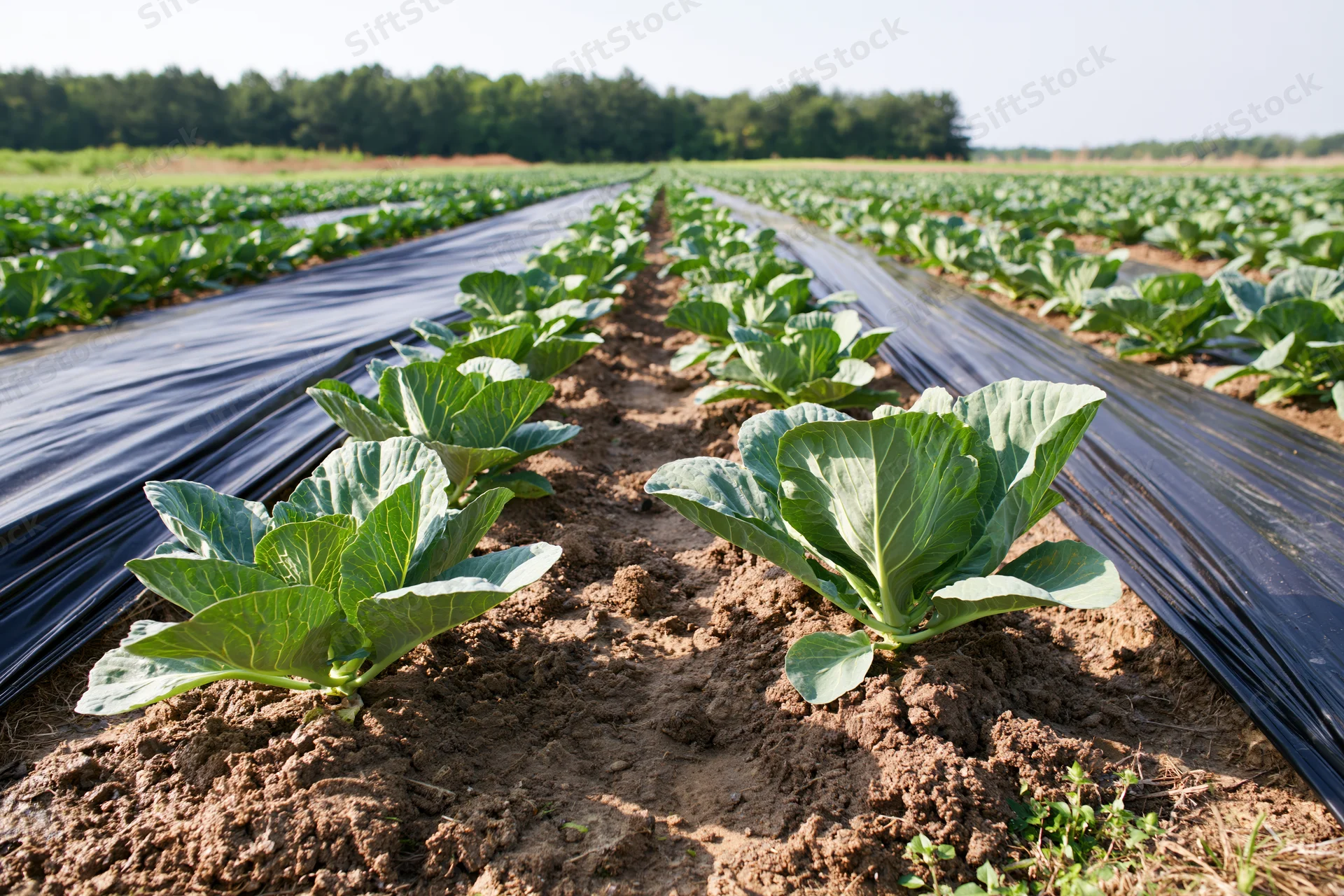 Rows of young cabbage plants growing in a farm field with black plastic mulch between rows