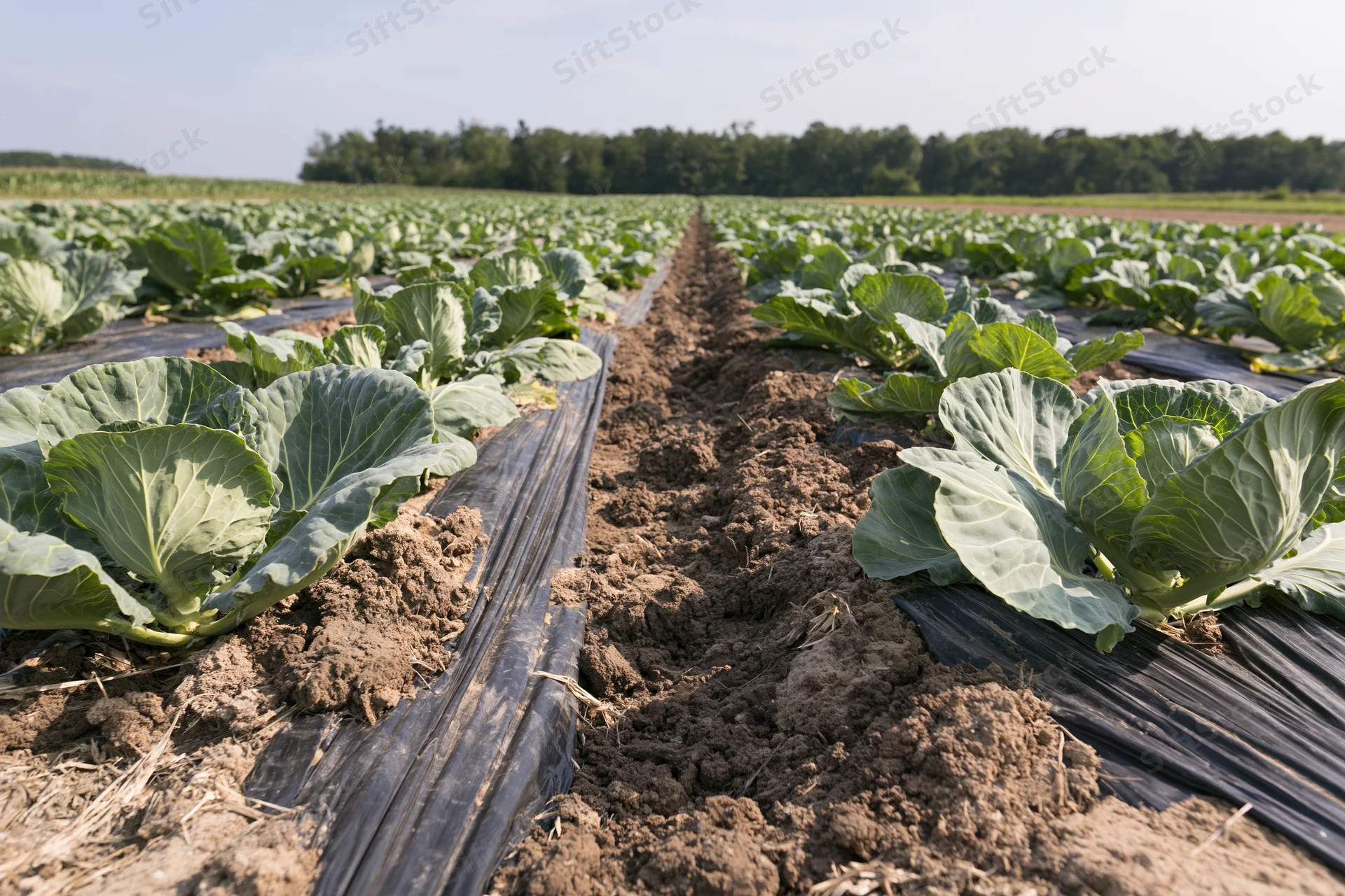 Rows of young cabbage plants growing in a farm field with black plastic mulch between rows